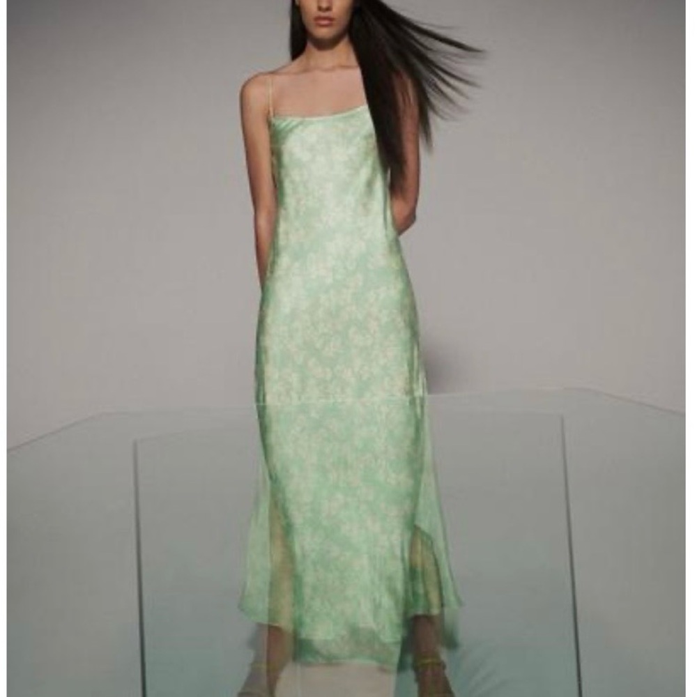 ZARA Light Green and Ecru Slip Maxi Dress with Delicate Floral Print